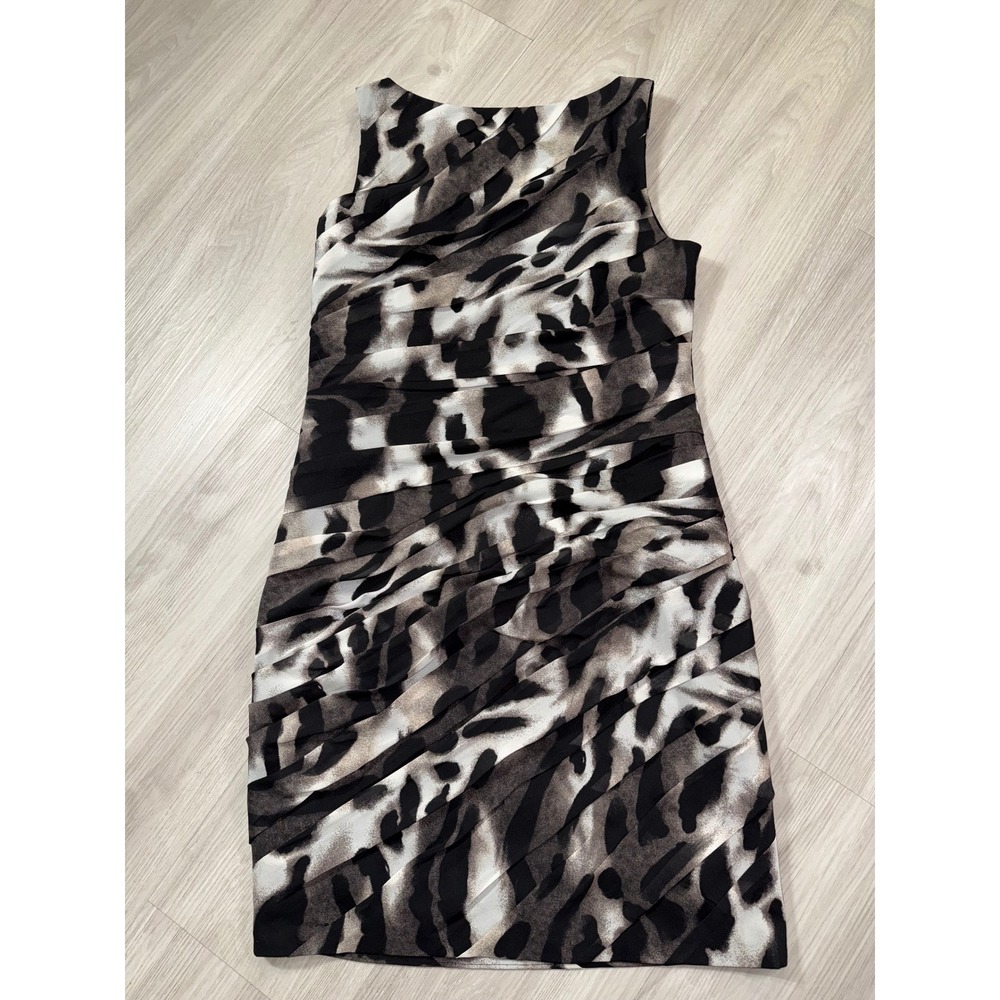 Ann Taylor Animal Print Ruched Sheath Dress Gray Black White Sleeveless Size 14 - Picture 5 of 11